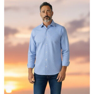 Charles Tyrwhitt Men’s Slim Fit Blue Check Cotton Dress Shirt 16/34 Non-Iron